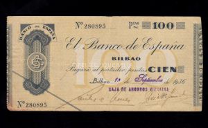 Banco de Bilbao 1936, 100 pesetas, sin serie, MBC-, caja de ahorros de ahorros vizcaina anverso