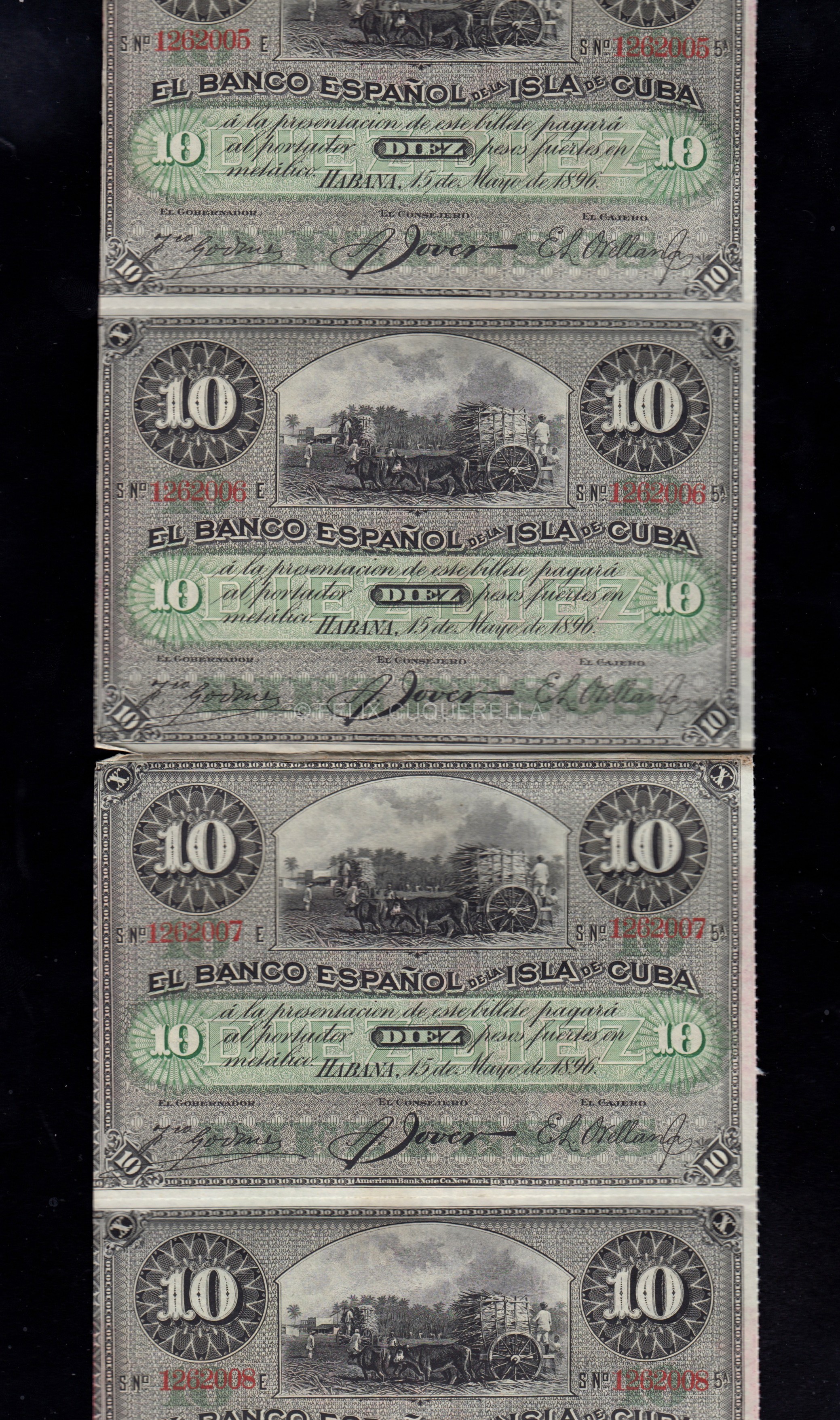 4 billetes correlativos Cuba 10 Pesos 1896, S/C, P.49d 4 billetes correlativos Cuba 10 Pesos 1896, S/C, P.49d