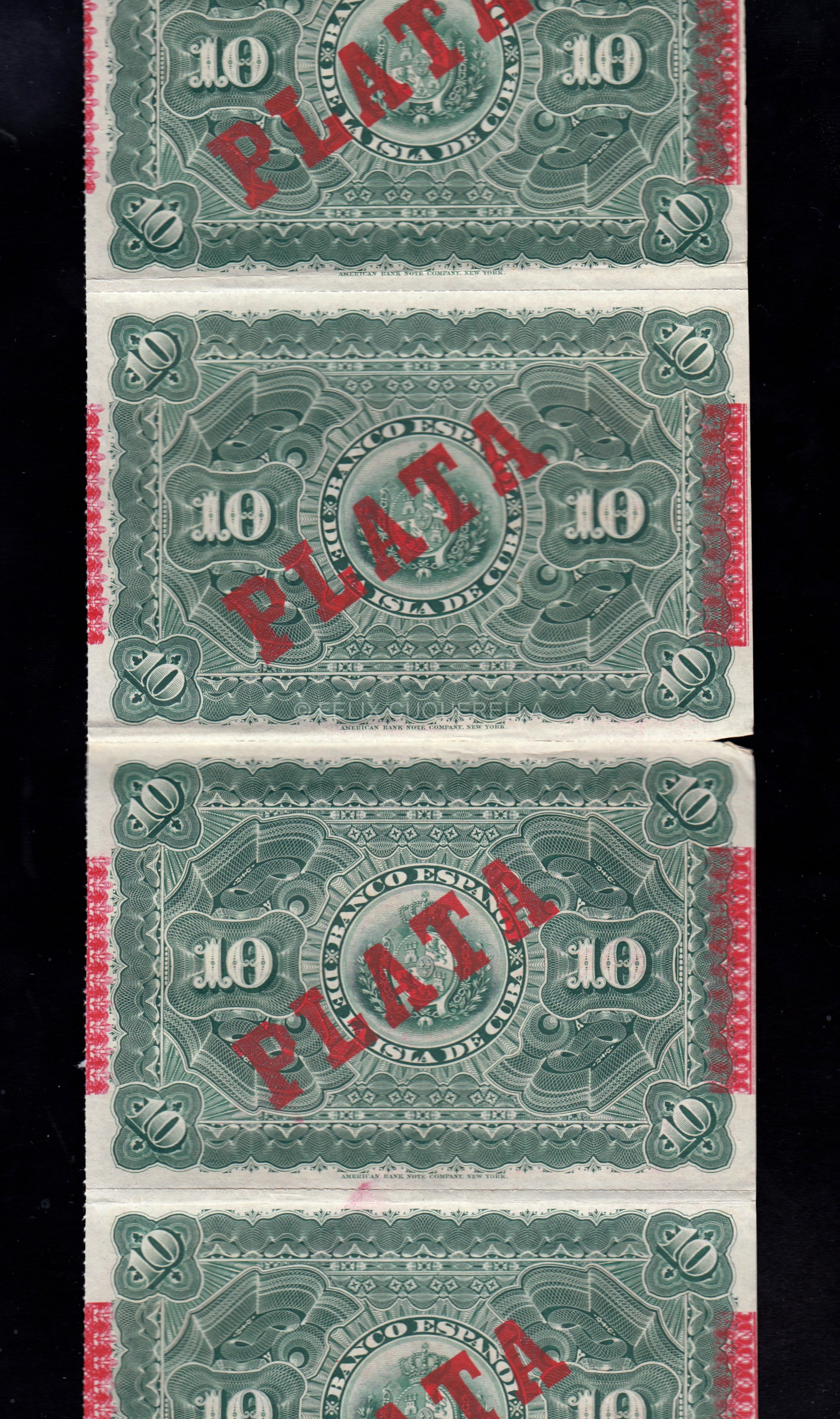 4 billetes correlativos Cuba 10 Pesos 1896, S/C, P.49d 4 billetes correlativos Cuba 10 Pesos 1896, S/C, P.49d
