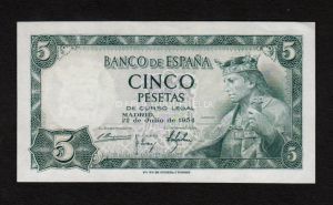 5 pesetas 1954, sin serie, S/C-, pico doblado anverso