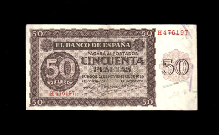 50 pesetas 1936, serie H, EBC-, con todo su apresto, lateral rozado anverso 50 pesetas 1936, serie H, EBC-, con todo su apresto, lateral rozado anverso
