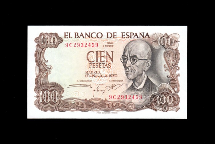 100 Pesetas 1970, serie 9C, S/C-, marquita en lateral anverso 100 Pesetas 1970, serie 9C, S/C-, marquita en lateral anverso