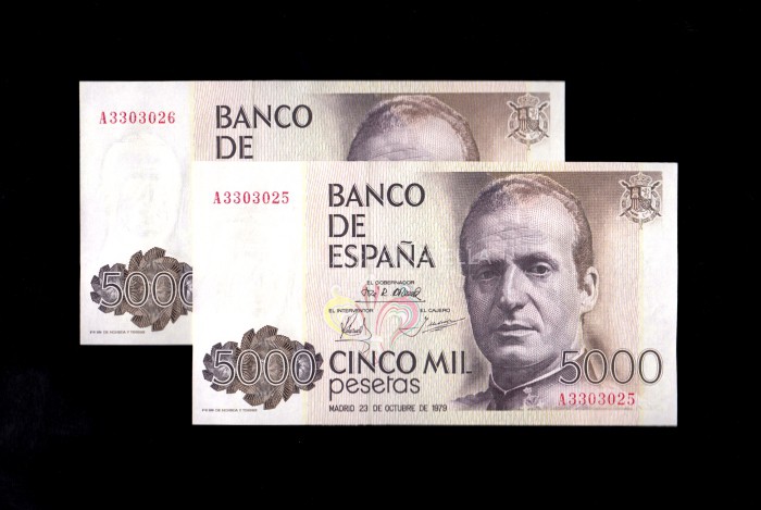 Pareja correlativa 5000 pesetas 1979, serie A, S/C Pareja correlativa 5000 pesetas 1979, serie A, S/C