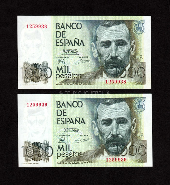 Pareja correlativa 1000 pesetas 1979, sin serie, S/C- anverso Pareja correlativa 1000 pesetas 1979, sin serie, S/C- anverso