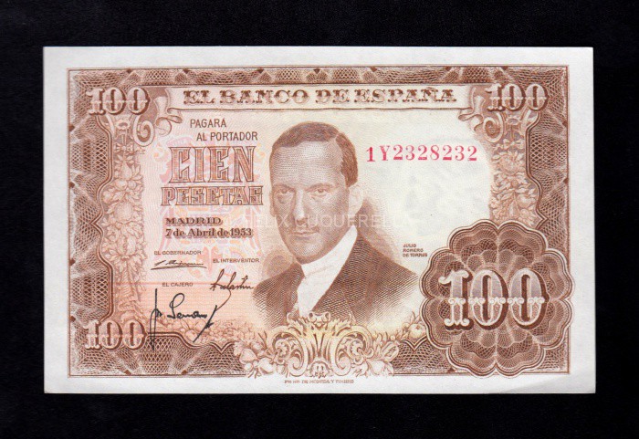 CAPICUA 100 Pesetas 1953, serie 1Y, S/C-, pico doblado ANVERSO CAPICUA 100 Pesetas 1953, serie 1Y, S/C-, pico doblado ANVERSO