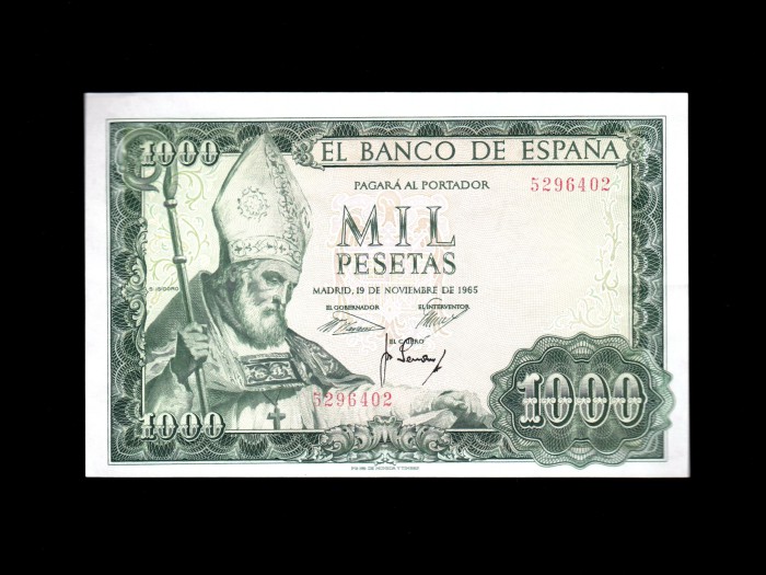1000 pesetas 1965, sin serie, S/C-, marca en lateral anverso 1000 pesetas 1965, sin serie, S/C-, marca en lateral anverso