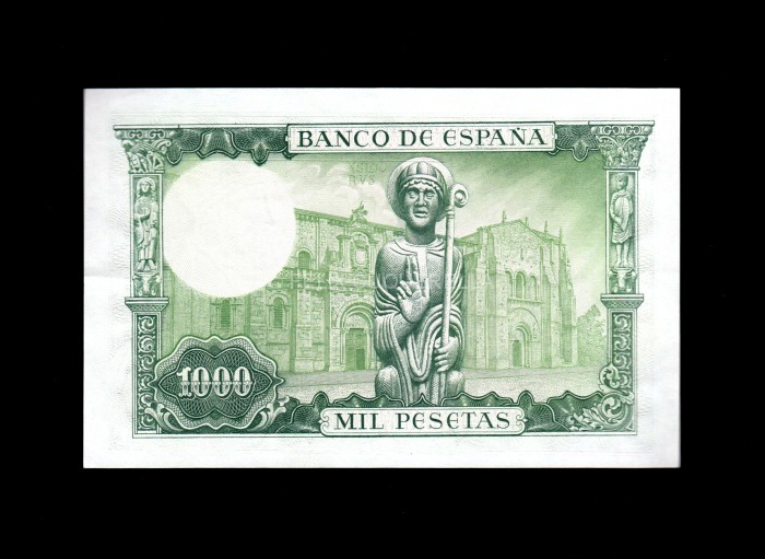 1000 pesetas 1965, sin serie, S/C-, marca en lateral reverso 1000 pesetas 1965, sin serie, S/C-, marca en lateral reverso