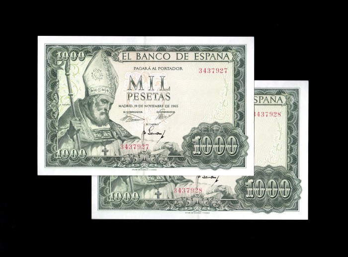 Pareja correlativa 1000 pesetas 1965, sin serie, EBC+ Pareja correlativa 1000 pesetas 1965, sin serie, EBC+