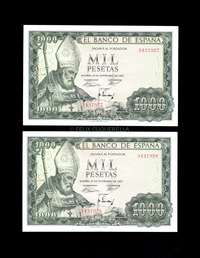 Pareja correlativa 1000 pesetas 1965, sin serie, EBC+ anverso Pareja correlativa 1000 pesetas 1965, sin serie, EBC+ anverso