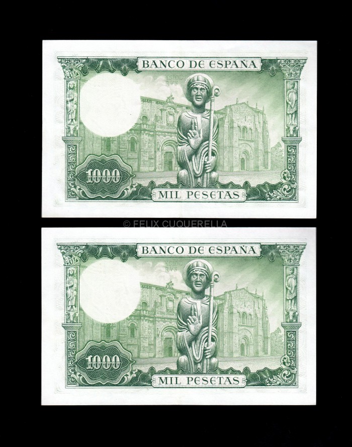 Pareja correlativa 1000 pesetas 1965, sin serie, EBC+ reverso