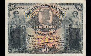 50 Pesetas 1907, sin serie, MBC, sello seco de la república