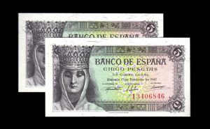 Pareja correlativa 5 pesetas 1943, serie I, S/C
