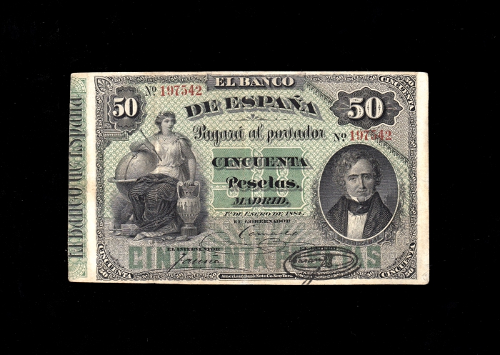 50 Pesetas Enero 1884, MBC+ anverso 50 Pesetas Enero 1884, MBC+ anverso